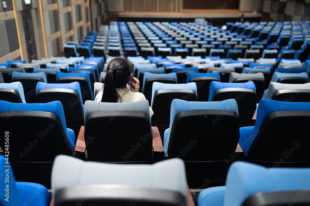 Naklejka premium conference room with many blue and gray seats.