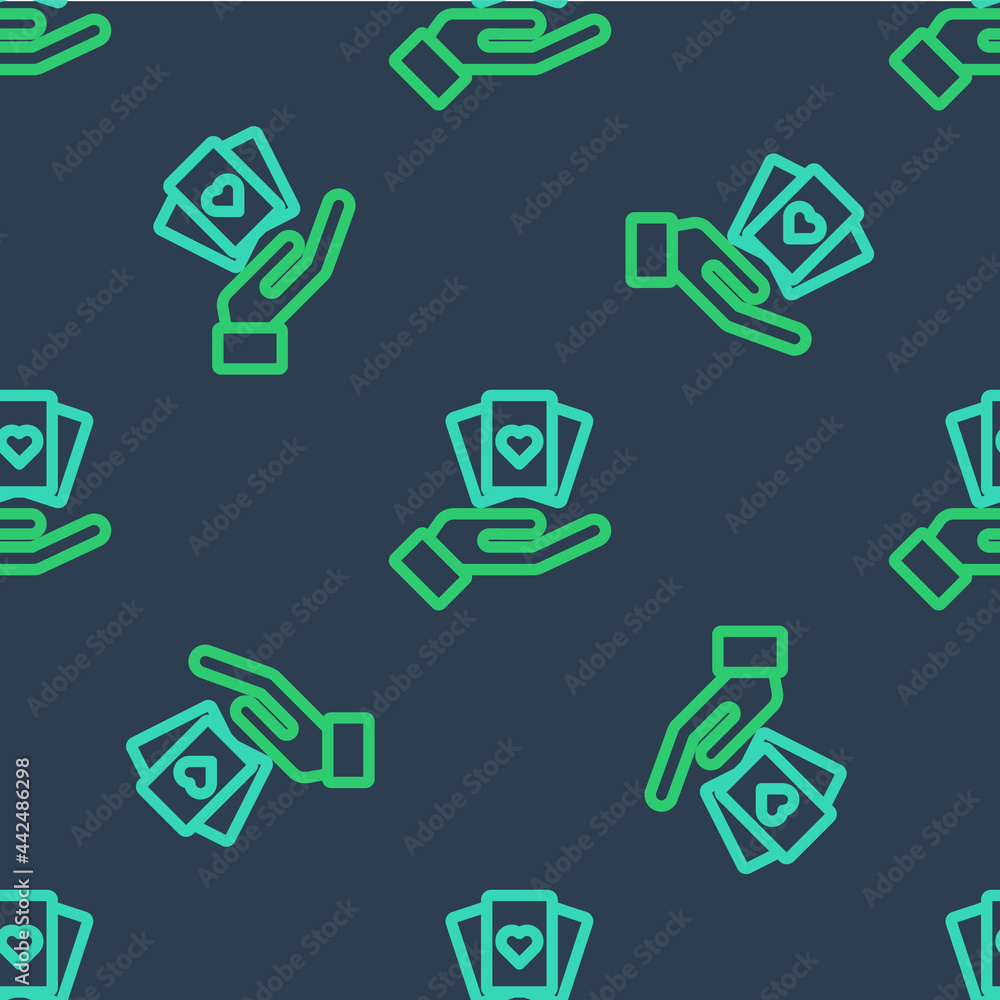 Line Hand holding playing cards icon isolated seamless pattern on blue background. Casino game design. Vector Line Hand holding playing cards icon isolated seamless pattern on blue background. Casino game design. Vector