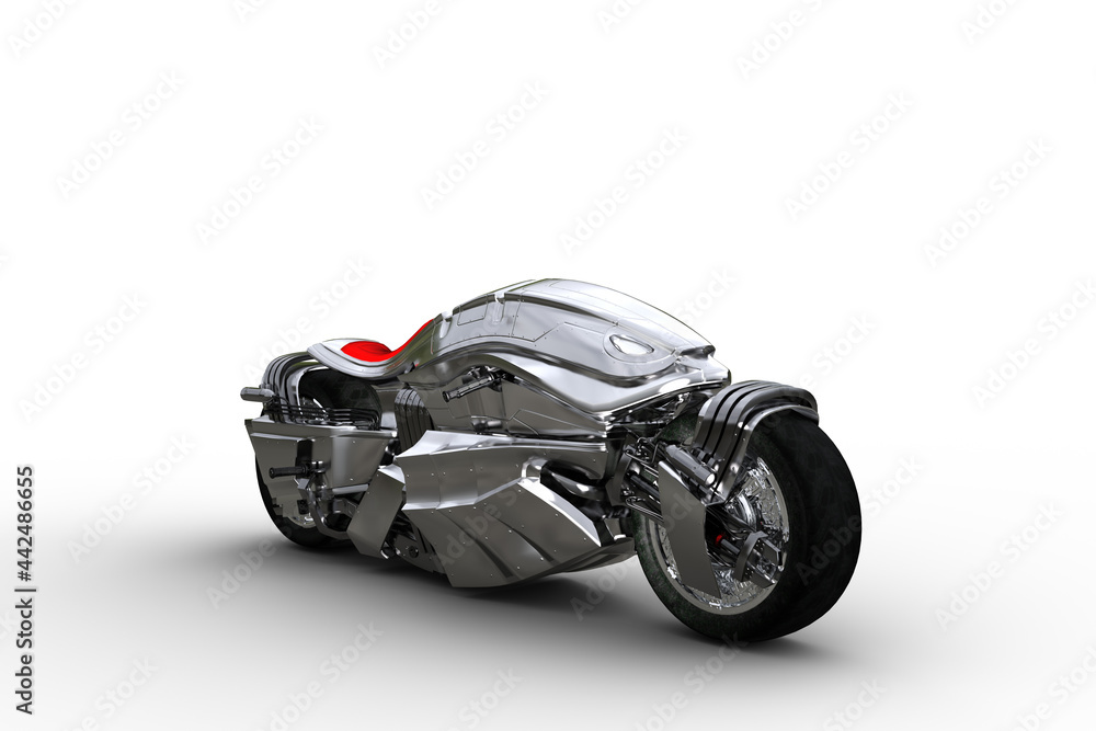 3D illustration of a futuristic cyberpunk style silver motorcycle isolated on a white background. 3D illustration of a futuristic cyberpunk style silver motorcycle isolated on a white background.