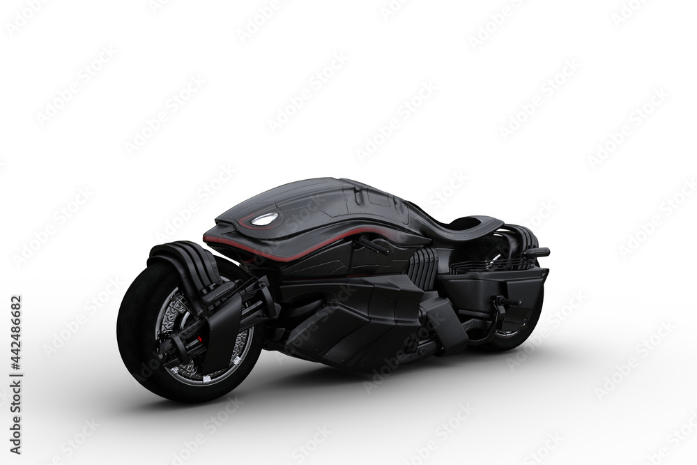 3D illustration of a black coloured futuristic cyberpunk style motorbike isolated on a white background. 3D illustration of a black coloured futuristic cyberpunk style motorbike isolated on a white background.