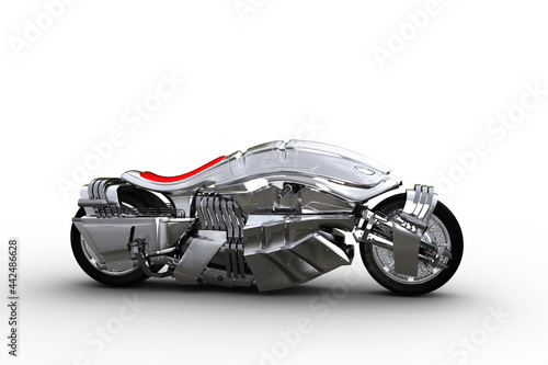 Side view 3D illustration of a futuristic cyberpunk style silver motorcycle isolated on a white background.