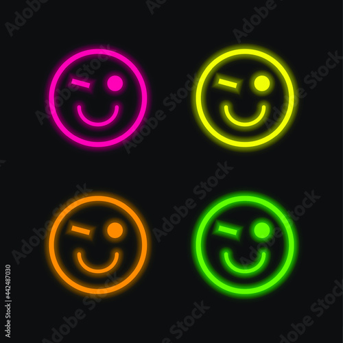 Blink Emoticon Face four color glowing neon vector icon