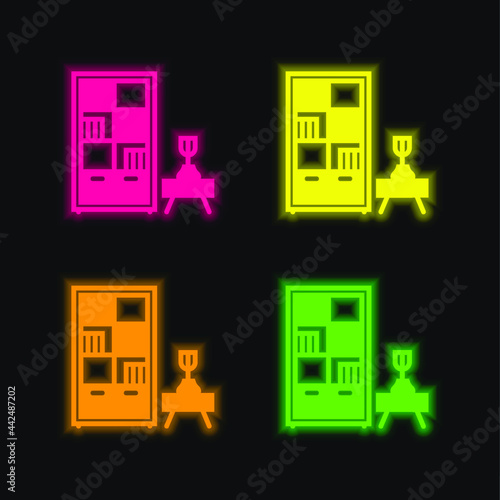 Bookcase four color glowing neon vector icon
