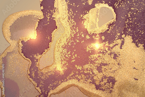 Shining mauve and maroon marble pattern with golden dust. Abstract vector background in alcohol ink technique. Modern paint with glitter. Template for banner, poster design. Fluid art painting