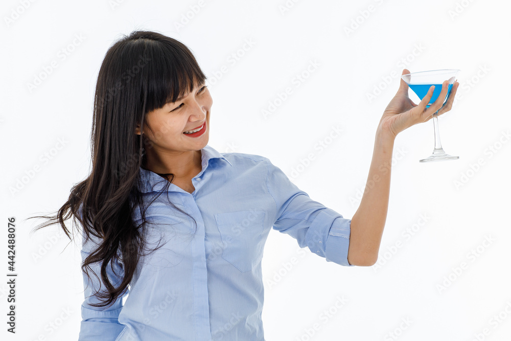 Pretty lady long black hair cute eyes standing smiling with happy and holding cocktail glass on white background. Pretty lady long black hair cute eyes standing smiling with happy and holding cocktail glass on white background.