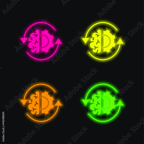 Brain Process four color glowing neon vector icon