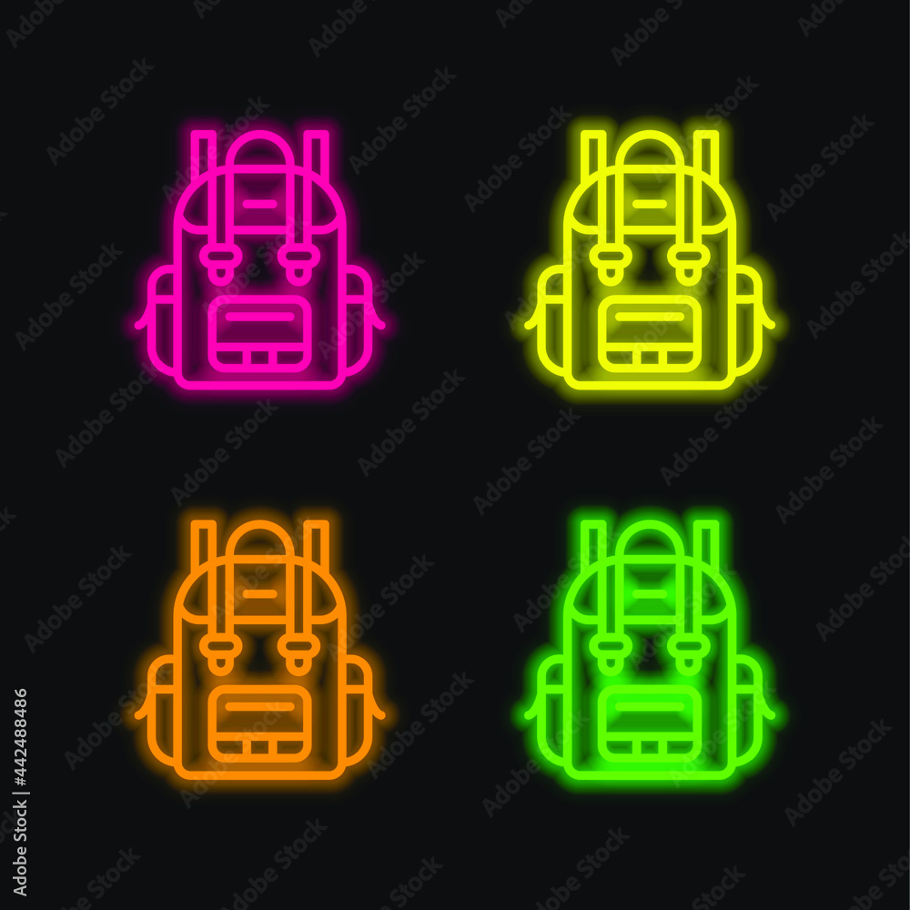 Backpack four color glowing neon vector icon