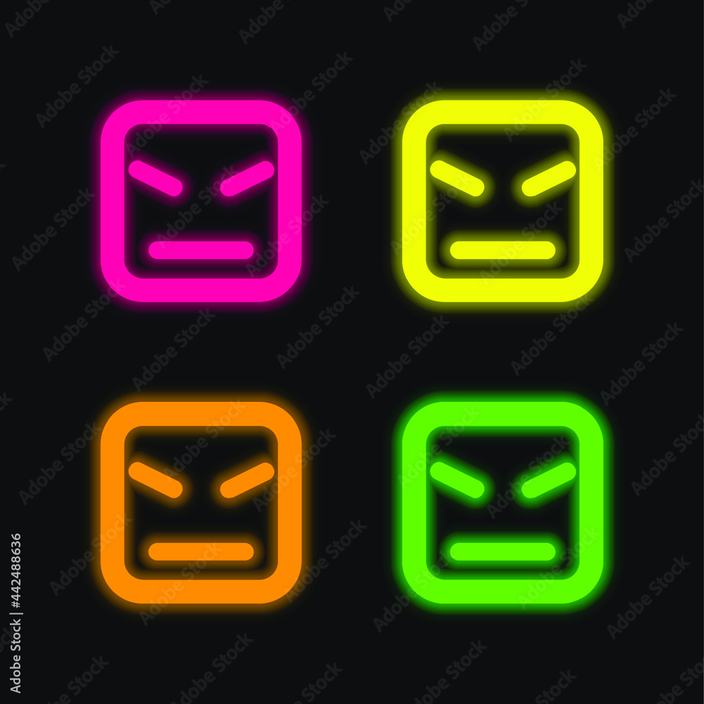 Angry Face Of Square Shape And Straight Lines four color glowing neon vector icon Angry Face Of Square Shape And Straight Lines four color glowing neon vector icon
