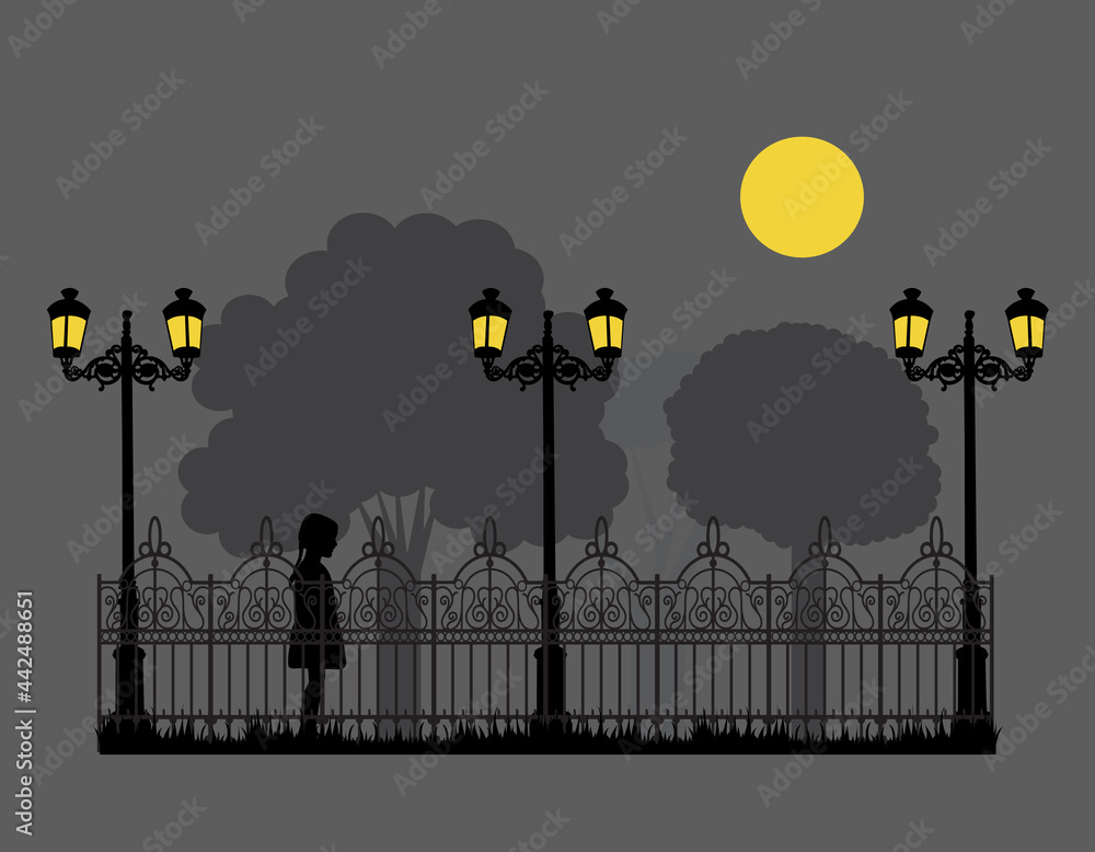 silhouette child, fence, lantern, isolated, vector