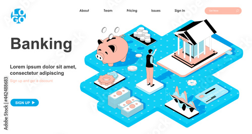 Banking isometric concept. Cash transactions, savings in piggy bank, financial analytics, profit growth and accounting, line flat isometry web banner. Vector illustration in 3d design for landing page