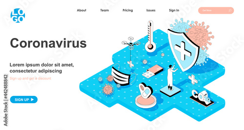 Coronavirus isometric concept. Stop pandemic covid-19, doctor fights virus, protection against infection and treatment, line flat isometry web banner. Vector illustration in 3d design for landing page