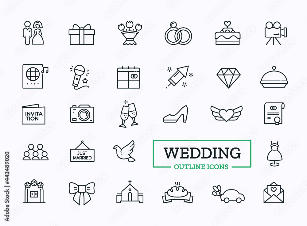 Vector wedding thin line icons with symbol of heart, marriage ceremony, dress for holiday