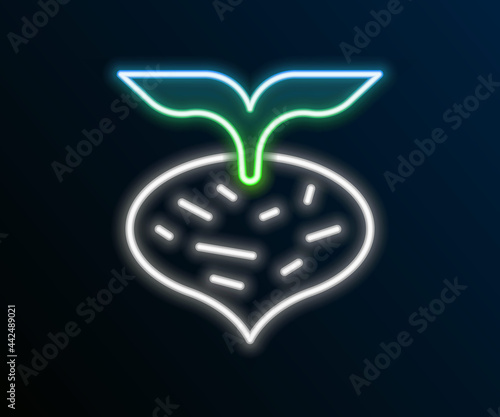 Glowing neon line Fresh beet with leaf icon isolated on black background. Natural Root. Vegetable Ingredient for food. Colorful outline concept. Vector