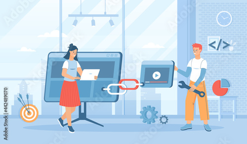 Link Building Strategy, Website marketing. Search engine optimization, SEO. Hyperlink connection between website pages. Flat cartoon vector illustration with people characters for banner, website