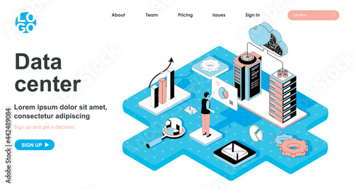 Data center isometric concept. Cloud storage and computing technology, datacenter server room, database networking, line flat isometry web banner. Vector illustration in 3d design for landing page