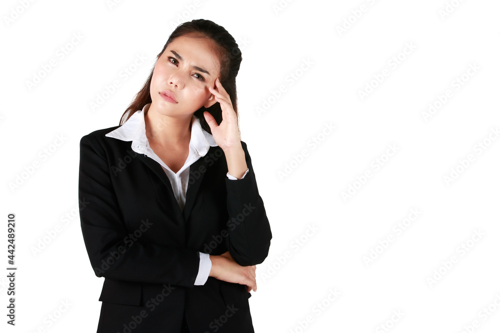 Asian woman wearing black suit holding hand Show headache. Businesswoman showing enough symptoms in white background. Concept Tense serious dissatisfied. Asian woman wearing black suit holding hand Show headache. Businesswoman showing enough symptoms in white background. Concept Tense serious dissatisfied.