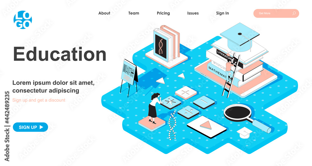 Education isometric concept. Students study at school, college or university, learn subjects in courses, graduation, line flat isometry web banner. Vector illustration in 3d design for landing page