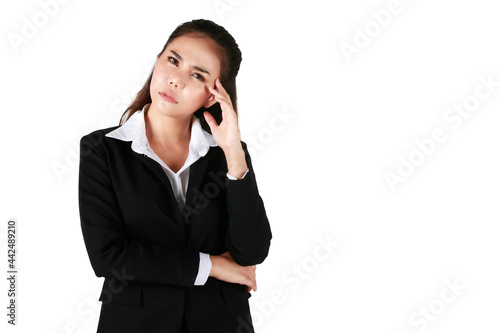 Asian woman wearing black suit holding hand Show headache. Businesswoman showing enough symptoms in white background. Concept Tense serious dissatisfied.