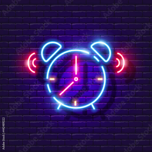 Alarm clock neon sign. Clock glowing icon. Vector illustration for design. Day regimen concept.