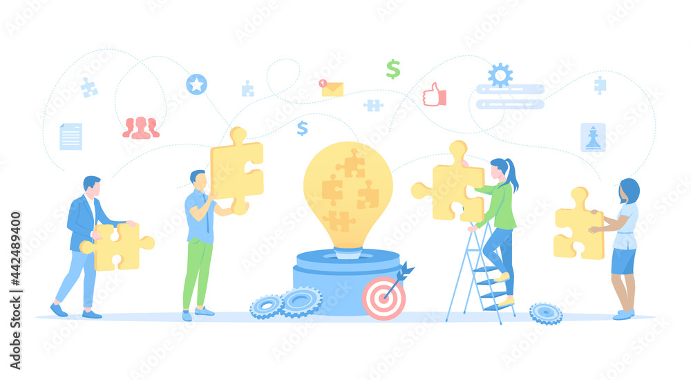 Social Innovation, Ideas, Strategy. A group of people puts a puzzle in the form of light bulbs. Сollaborative process. Vector illustration flat style.