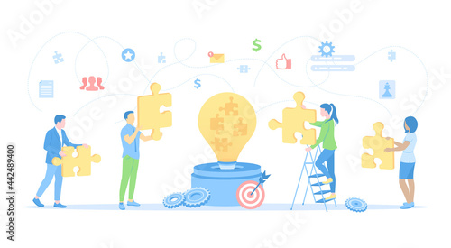 Social Innovation, Ideas, Strategy. A group of people puts a puzzle in the form of light bulbs. Сollaborative process. Vector illustration flat style.