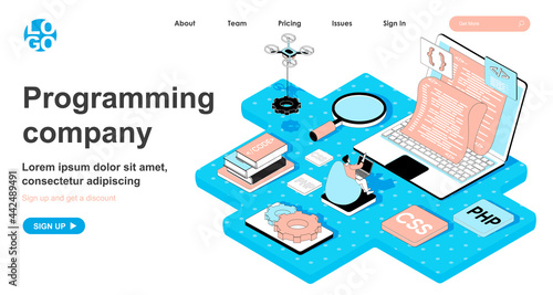 Programming company isometric concept. Programmer writes code, develops and configures programs, creates software, line flat isometry web banner. Vector illustration in 3d design for landing page
