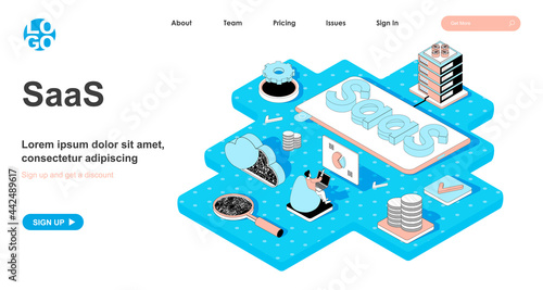 SaaS isometric concept. Distribution of software by subscription, service for purchasing licenses and subscription, line flat isometry web banner. Vector illustration in 3d design for landing page