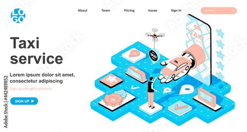 Taxi service isometric concept. Ordering car in mobile application, transfer and city transportation of passengers, line flat isometry web banner. Vector illustration in 3d design for landing page