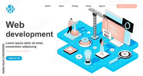 Web development isometric concept. Developers building website, writing code, testing, customize and optimize page, line flat isometry web banner. Vector illustration in 3d design for landing page