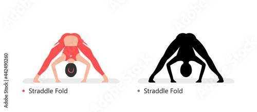 Young sporty woman practicing yoga, Straddle Fold. flat style. isolated on black background 
