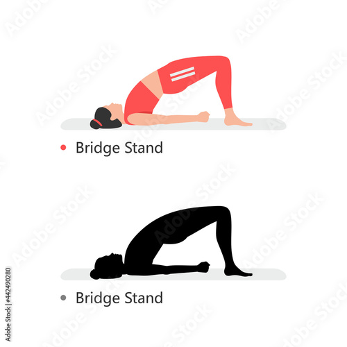 Young sporty woman practicing yoga, Bridge Stand. flat style. isolated on black background 