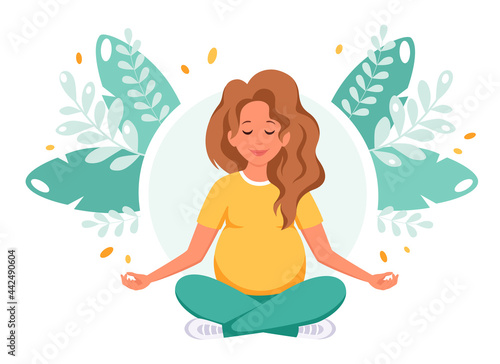 Pregnant woman meditating in lotus pose. Healthy pregnancy concept. Vector illustration