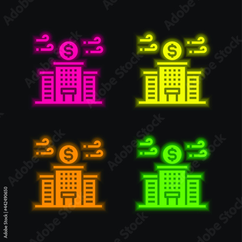 Bank four color glowing neon vector icon