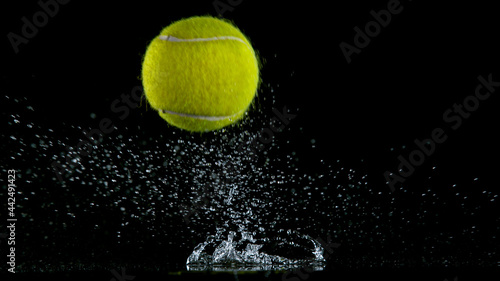 Freeze motion of falling tennis ball on water surface, black background. © Lukas Gojda