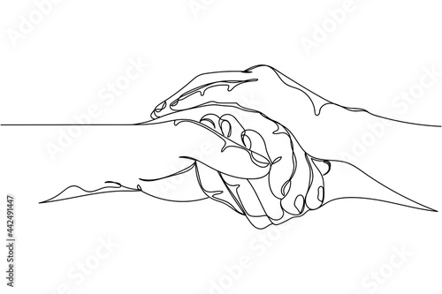 Continuous one line of hand holding hand in silhouette on a white background. Linear stylized.Minimalist.