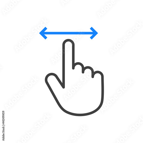Símbolo pantalla táctil. Icono con mano con flecha con lineas en color gris y azul