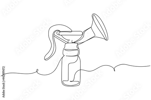 Continuous one line of manual breast pump in silhouette on a white background. Linear stylized.Minimalist.