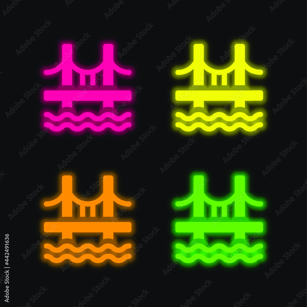 Obraz premium Bridge four color glowing neon vector icon