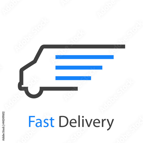 Logo con texto Fast Delivery con camión de transporte con lineas de velocidad en color azul y gris