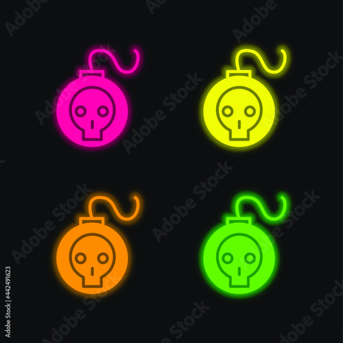 Bomb With Skull Outline four color glowing neon vector icon