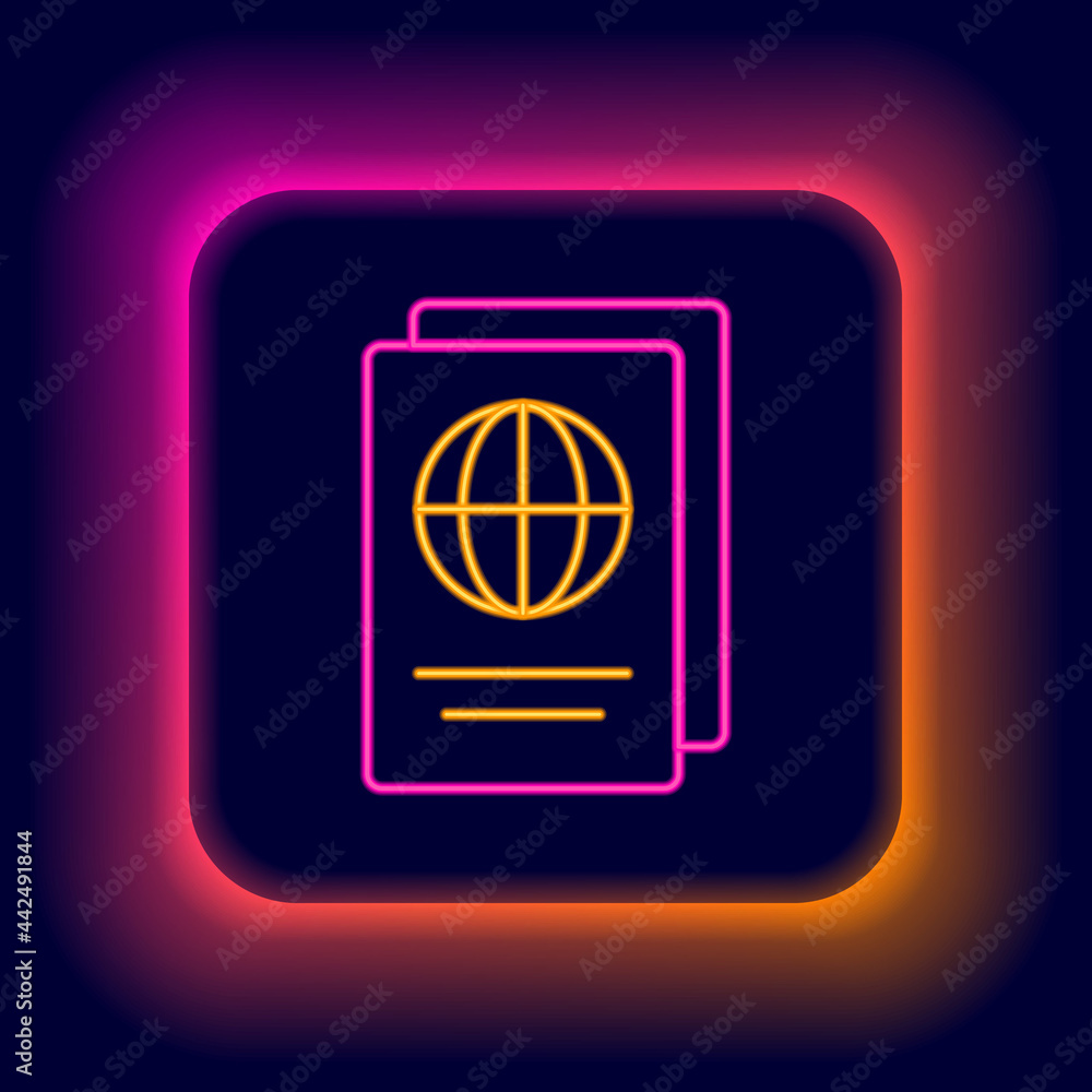 Glowing neon line Passport with biometric data icon isolated on black background. Identification document. Colorful outline concept. Vector Glowing neon line Passport with biometric data icon isolated on black background. Identification document. Colorful outline concept. Vector
