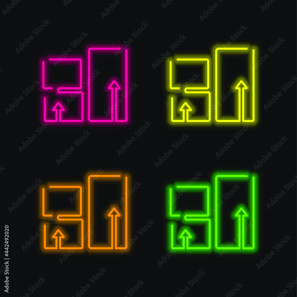 Boxes Packages Stack Ultrathin Outlines four color glowing neon vector icon