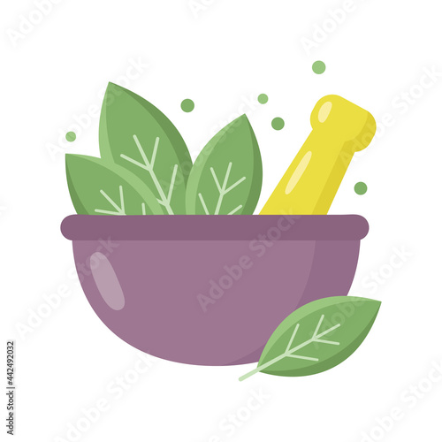 Mortar and pestle with leaves. Natural medicine concept. Vector illustration