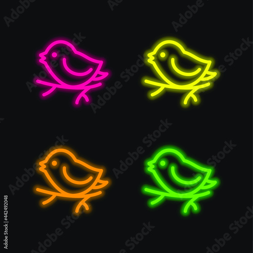 Bird On Branch four color glowing neon vector icon