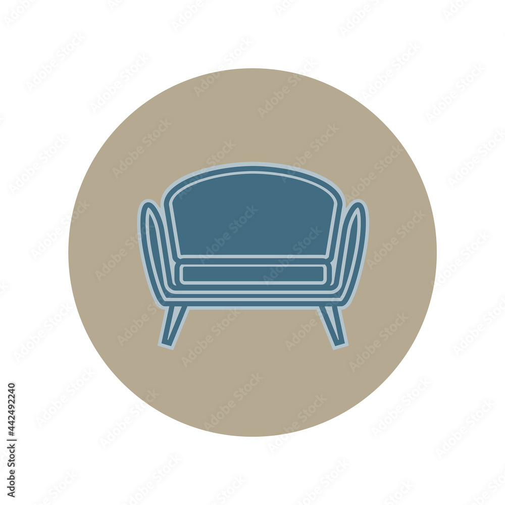 Sofa on circle grey background. Flat illustration in form of thin lines for interior design. Couch with pillow and back. Symbolic icon for comfortable seat Sofa on circle grey background. Flat illustration in form of thin lines for interior design. Couch with pillow and back. Symbolic icon for comfortable seat