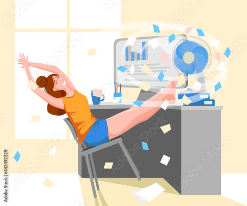 Smiling girl in shorts and a T-shirt is sitting on a chair near a working fan. Sheets of paper are flying around. Woman relaxes in the workplace. Vector illustration in flat style.