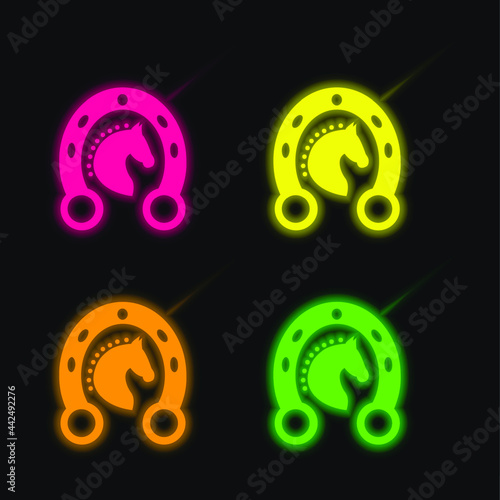 Black Head Horse In A Horseshoe four color glowing neon vector icon