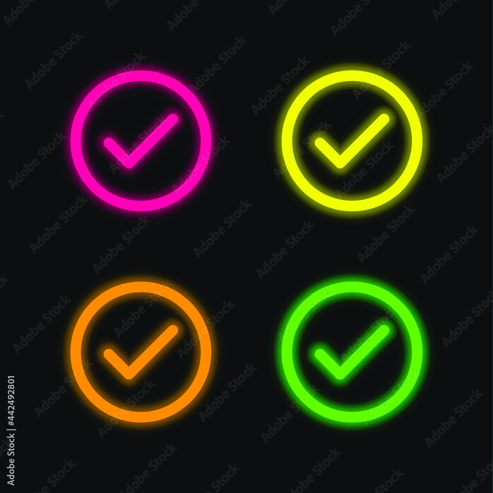 Accept Circular Button Outline four color glowing neon vector icon Accept Circular Button Outline four color glowing neon vector icon