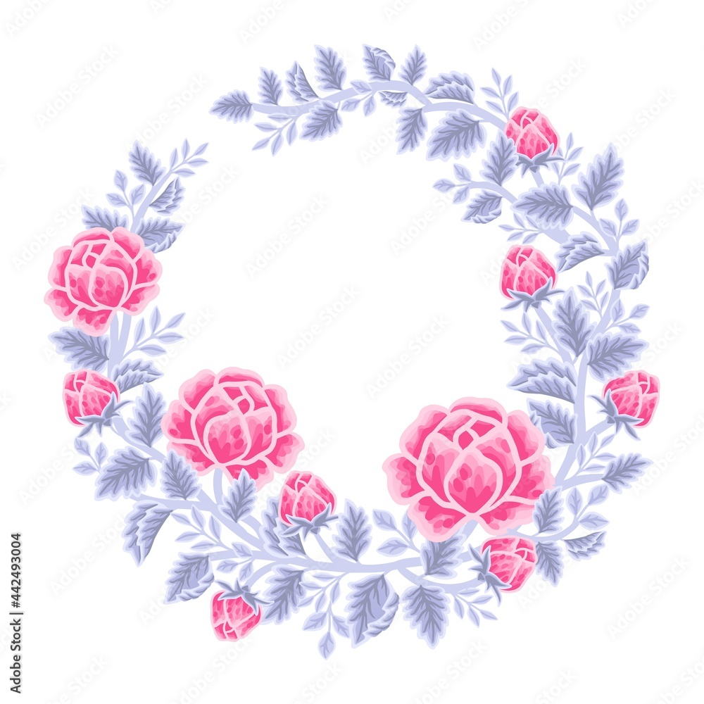 Hand drawn pink and violet rose floral frame and wreath vector illustration arrangement