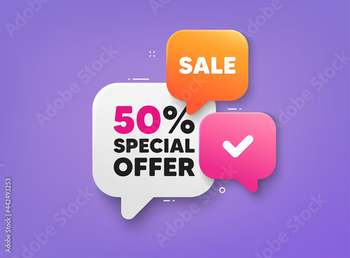 Discount 3d banner shape tags. Special offer speech bubbles. Sale coupon price tag icon. Ribbon banner with 50 percent discount offer. Sale price sticker message. Promotion dialog balloon. Vector